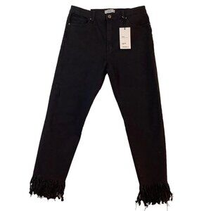 NWT Forever 21 High Rise Crop Ankle Fringe Hem Black Denim Jeans Size 29